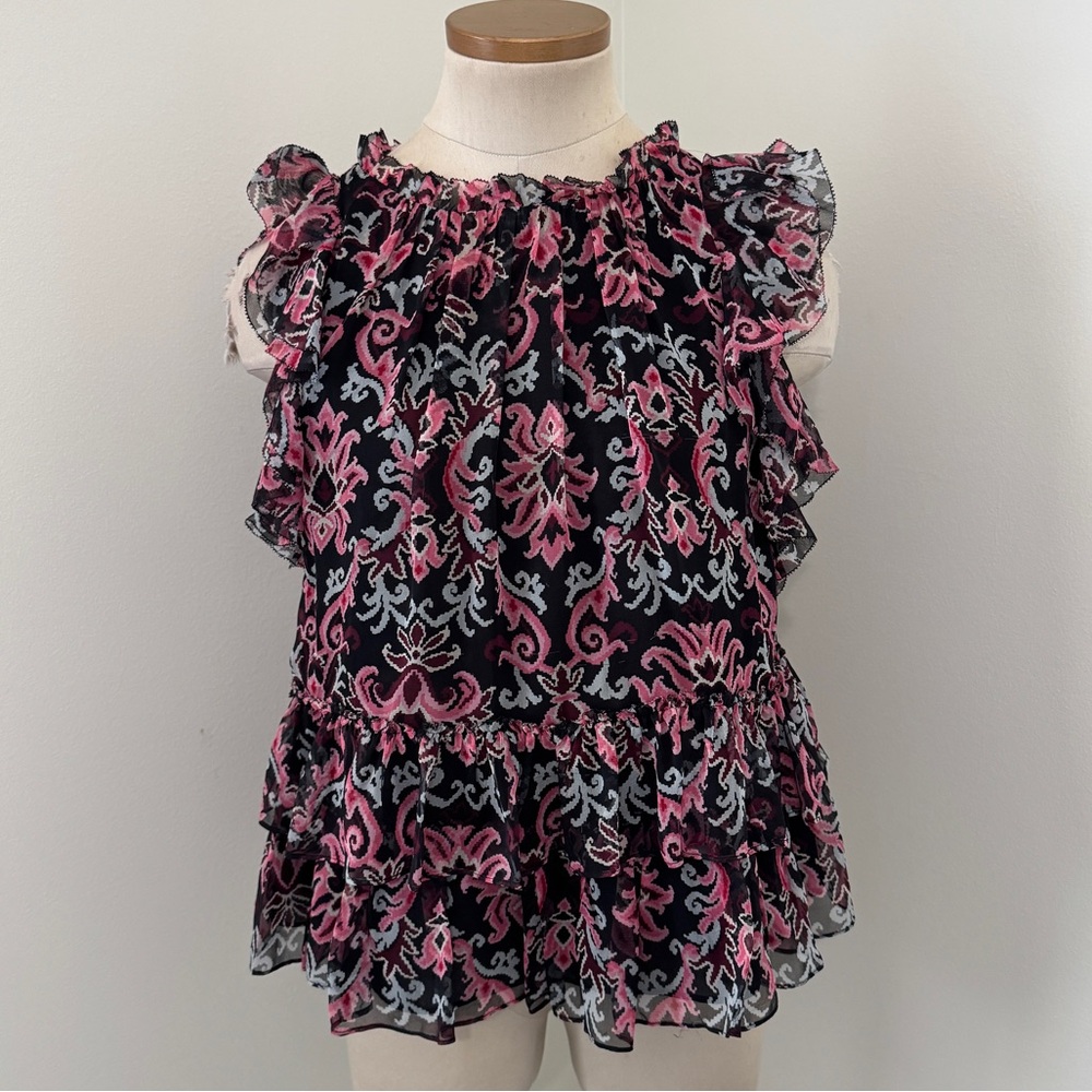 Kate Spade Small 100% Silk Tapestry Chiffon Blouse Top ~ Ikat Ruffled